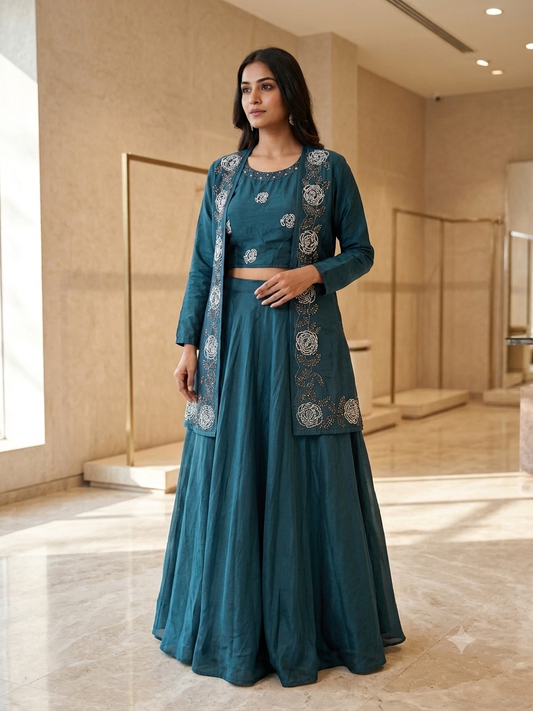 Teal Bloom Fusion Lehenga Set