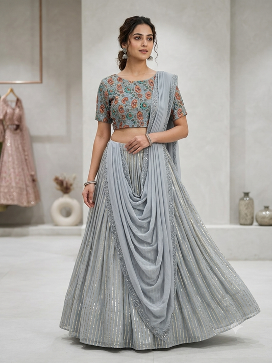 Dove Grey Pre-Draped Lehenga  with Floral Sequin Blouse