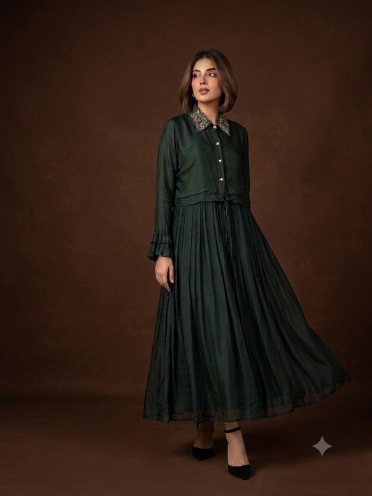 Deep Bottle Green Silk-Chiffon Anarkali Set with Embellished Shirt Collar