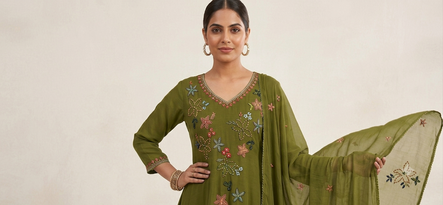 Pastel Meadow Embroidered A-Line Suit Set