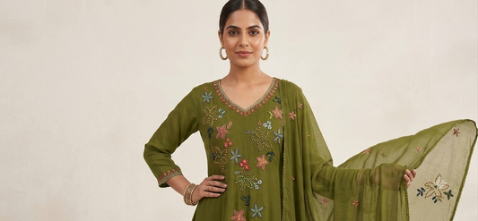 Pastel Meadow Embroidered A-Line Suit Set